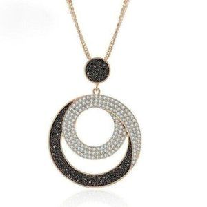 Black Rhinestone Swirl Contemporary Long Gold Necklace